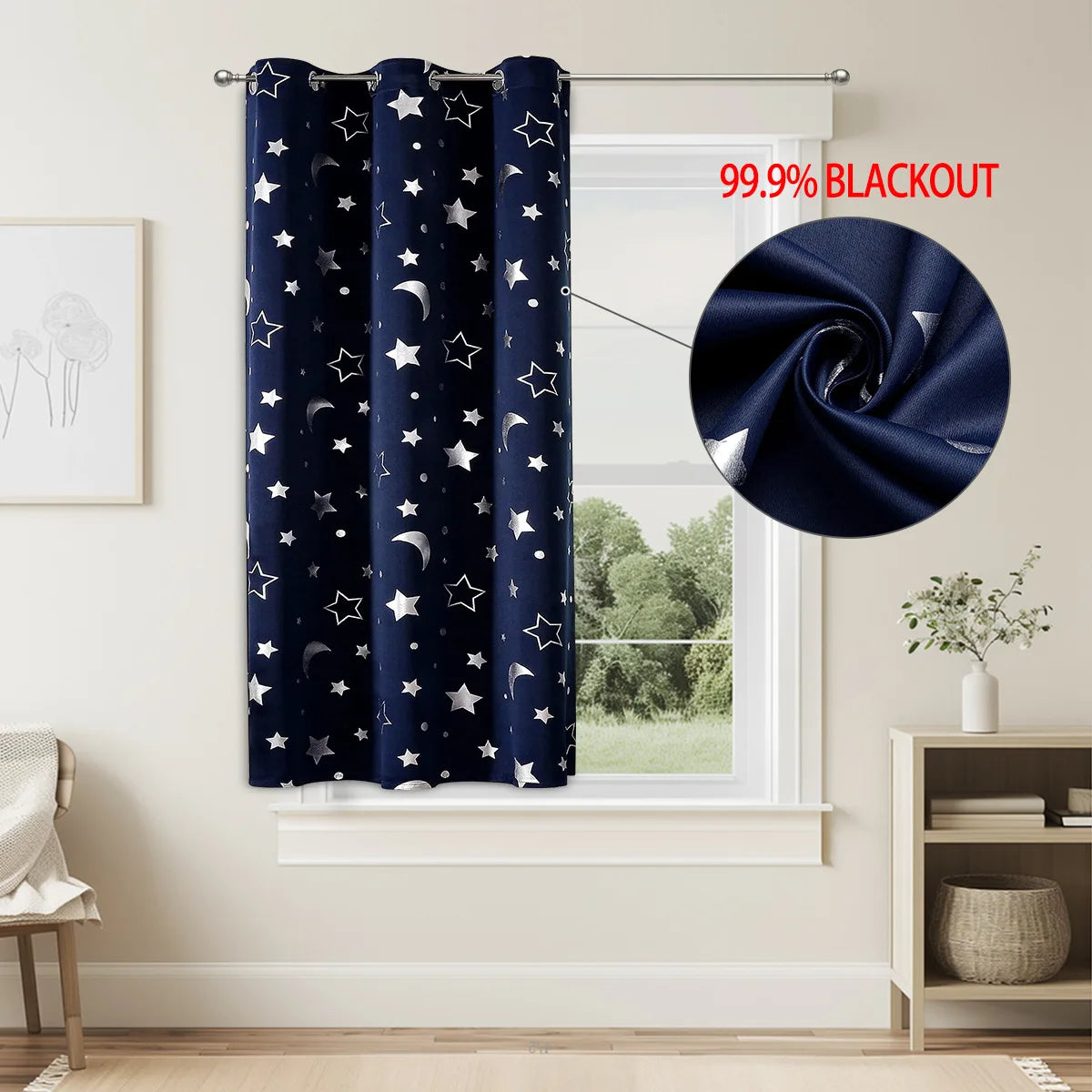 Rideau occultant étoiles et lune argentées en polyester pour chambre