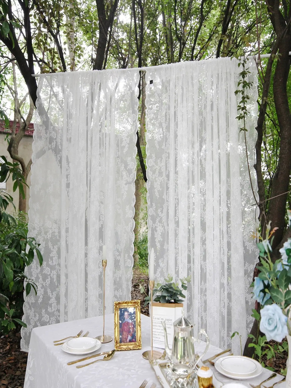 Voilage blanc à motifs floraux en dentelle polyester tamisant pour fen, largeur 140 à 199 cm
