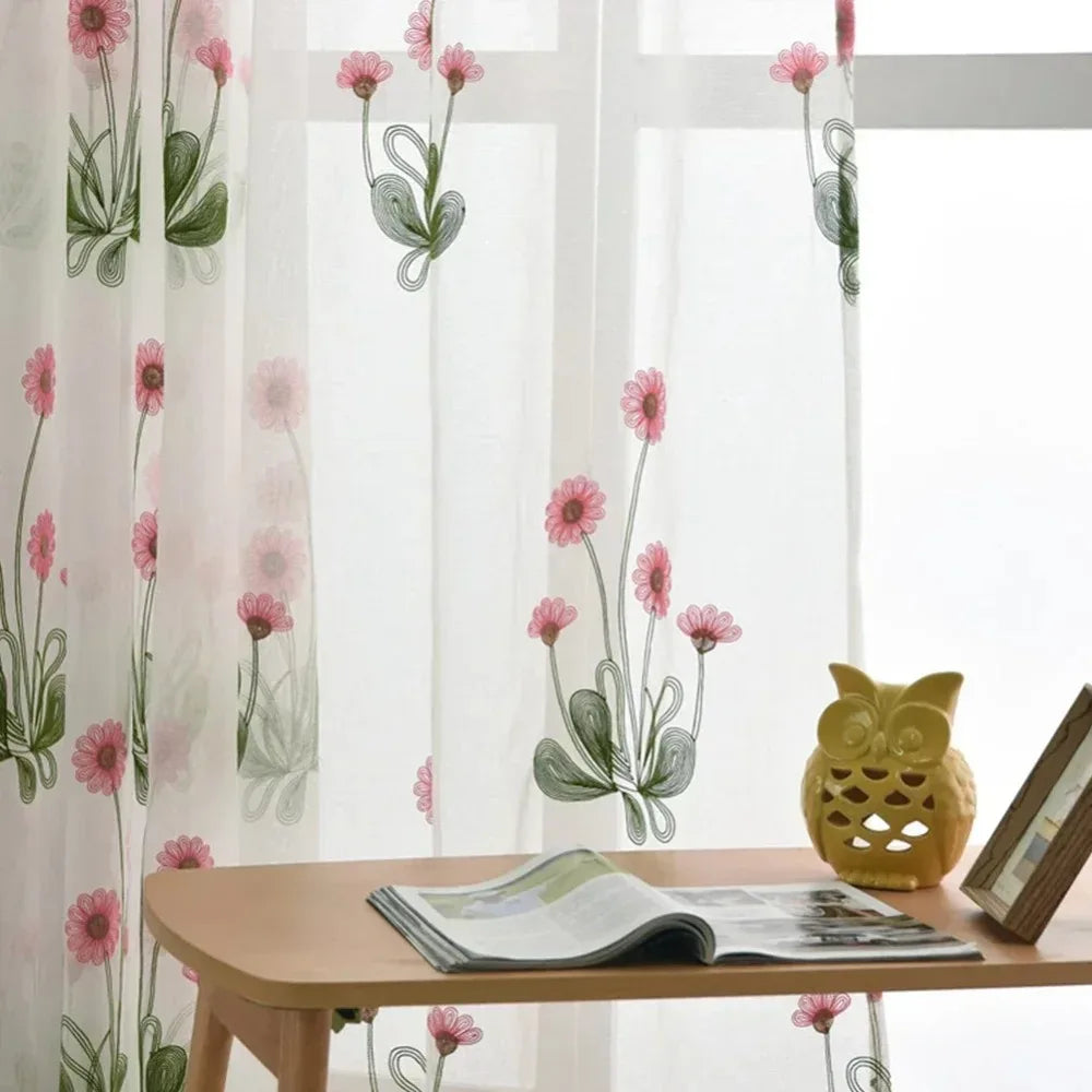 Rideau en voile brodé floral rose – Tulle romantique pour fenêtre et porte-fenêtre