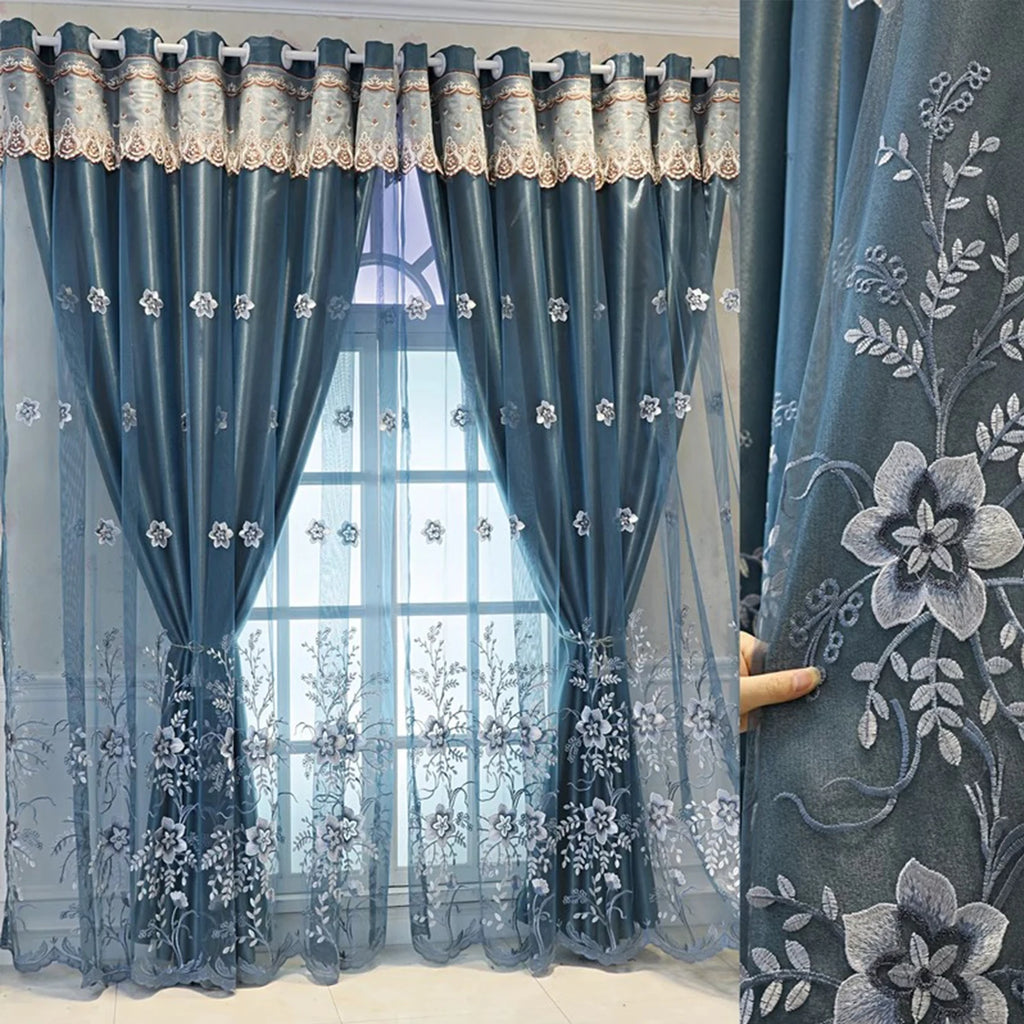 Rideau occultant double épaisseur motif floral nordique, bleu