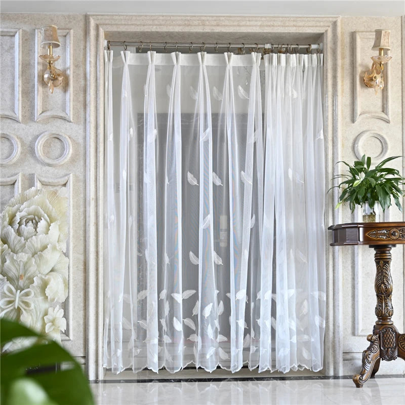 Voilage blanc brodé plumes transparent élégant pour salon chambre et cuisine (1 pièce)