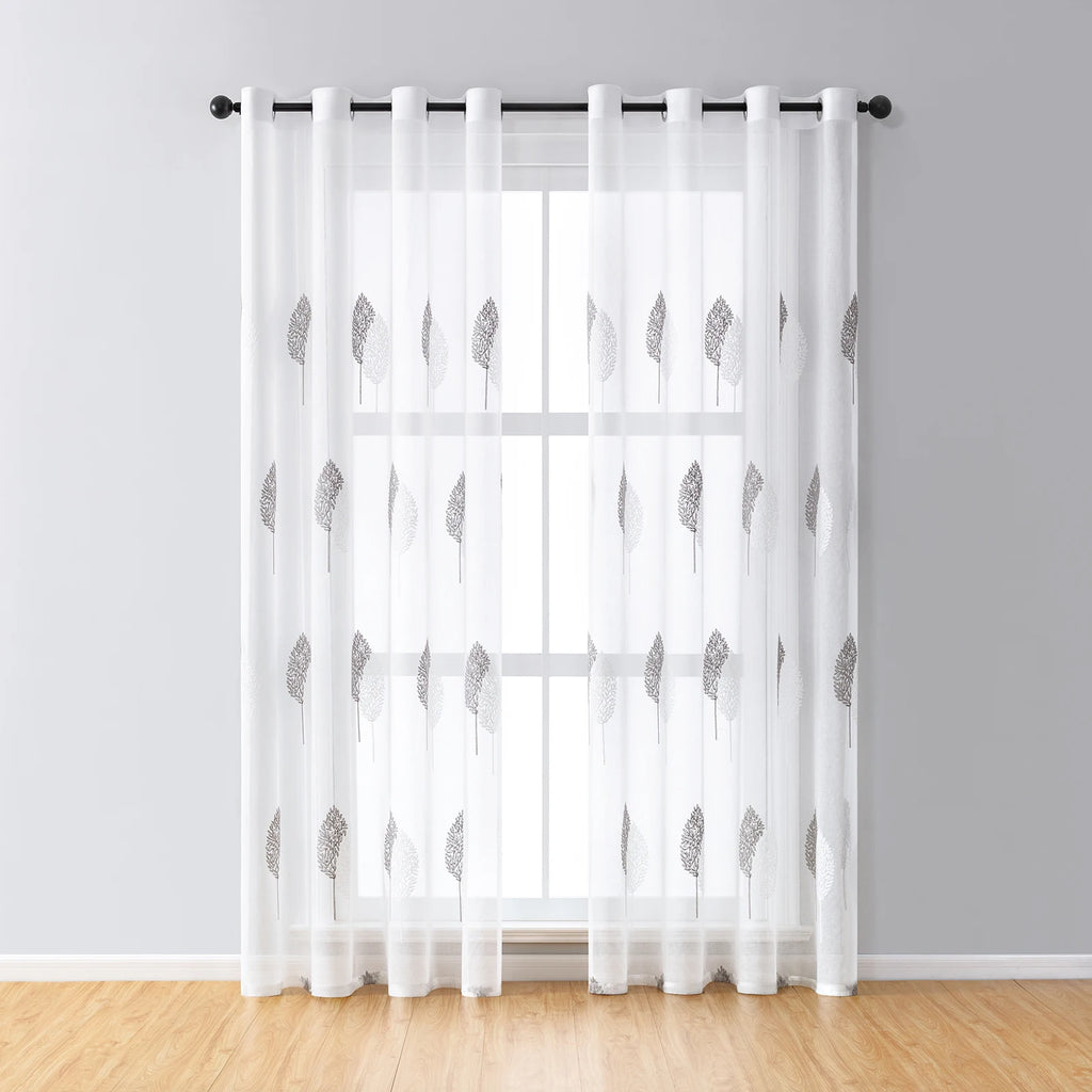 Rideaux voilage brodés feuilles en polyester, gris