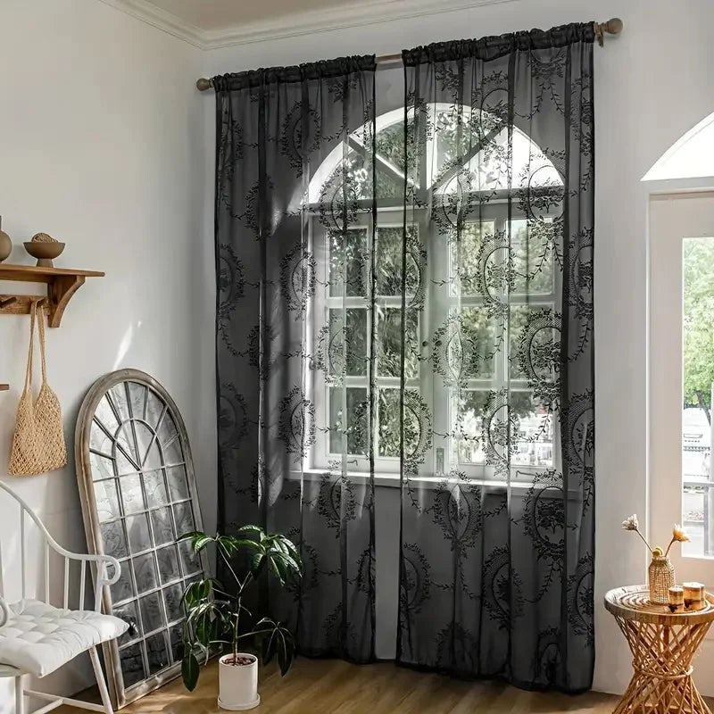 Rideau voilage noir en dentelle florale, largeur 140 à 199 cm
