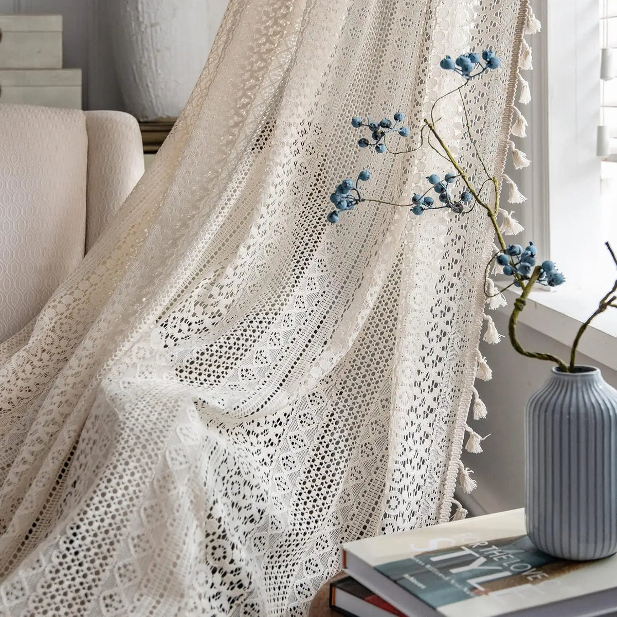 Rideau voilage crochet bohème beige tamisant style naturel pour porte-, largeur 100 à 139 cm