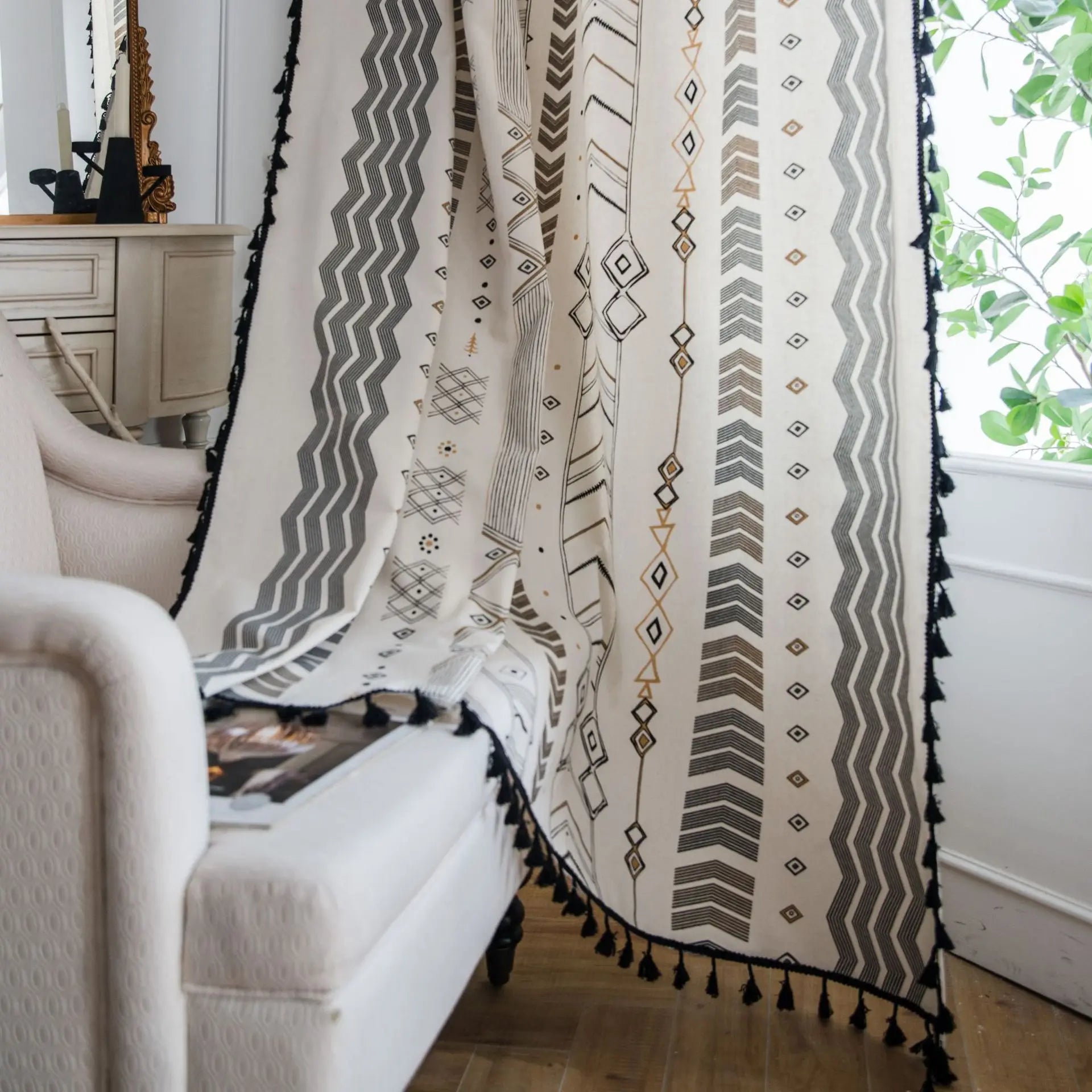 Rideau bohème géométrique en coton lin avec pompons décoratifs