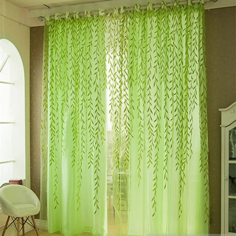 Rideaux voilage verts motif feuilles de saule en polyester (2 panneaux