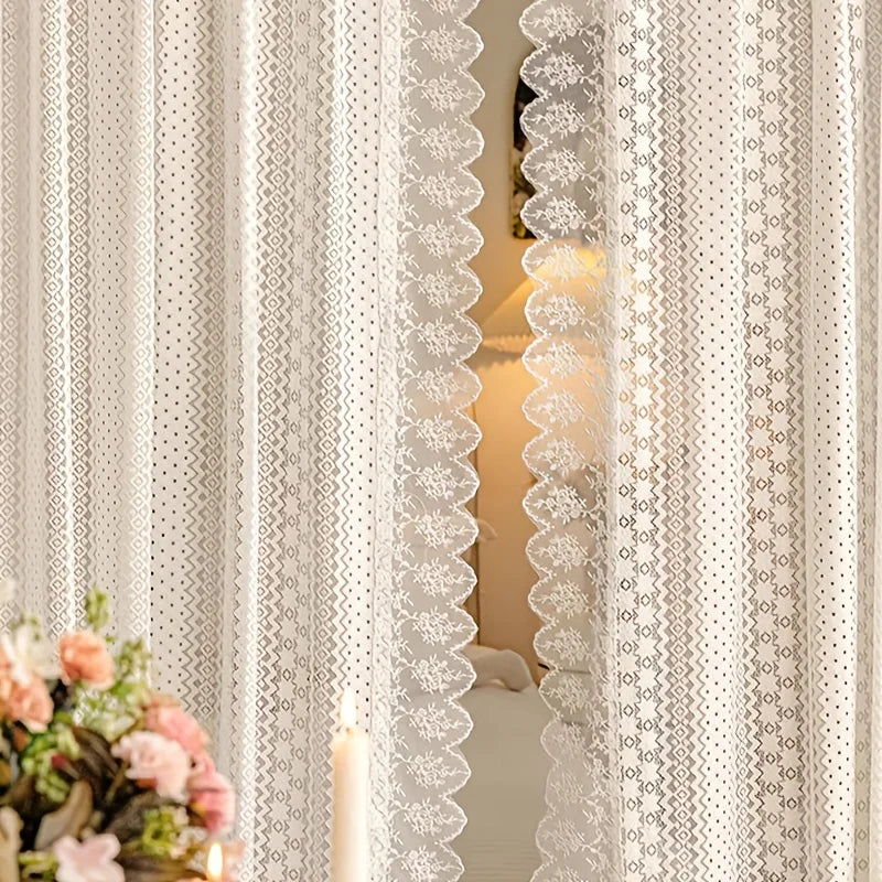 Rideau voilage dentelle blanche brodée, largeur 140 à 199 cm