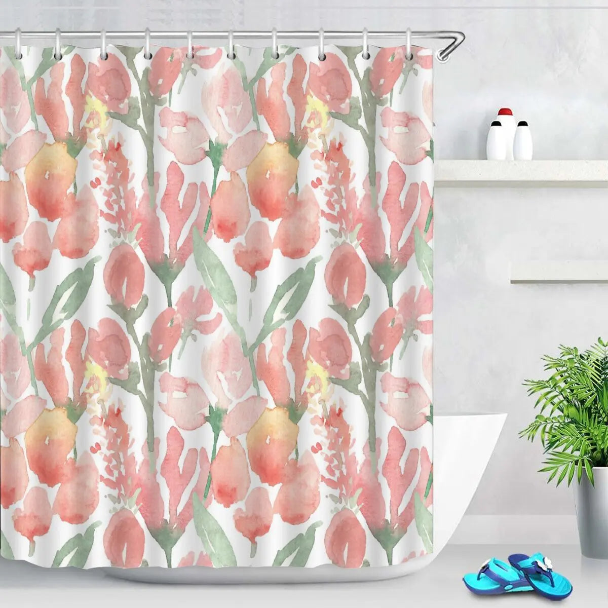 Rideau de douche en polyester imperméable motif tulipes roses