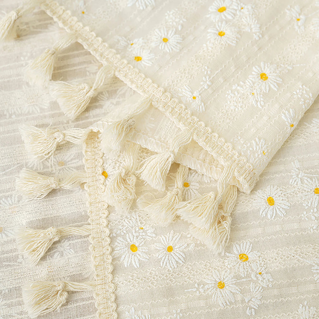 Rideau court en coton à motifs floraux avec pompons, hauteur moins de 160 cm