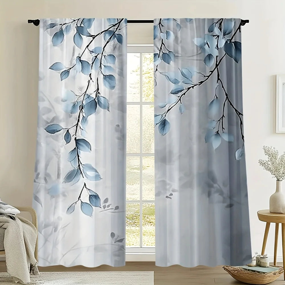 Rideaux bleus à motifs feuilles tamisant en polyester pour salon et chambre (2 pièces)