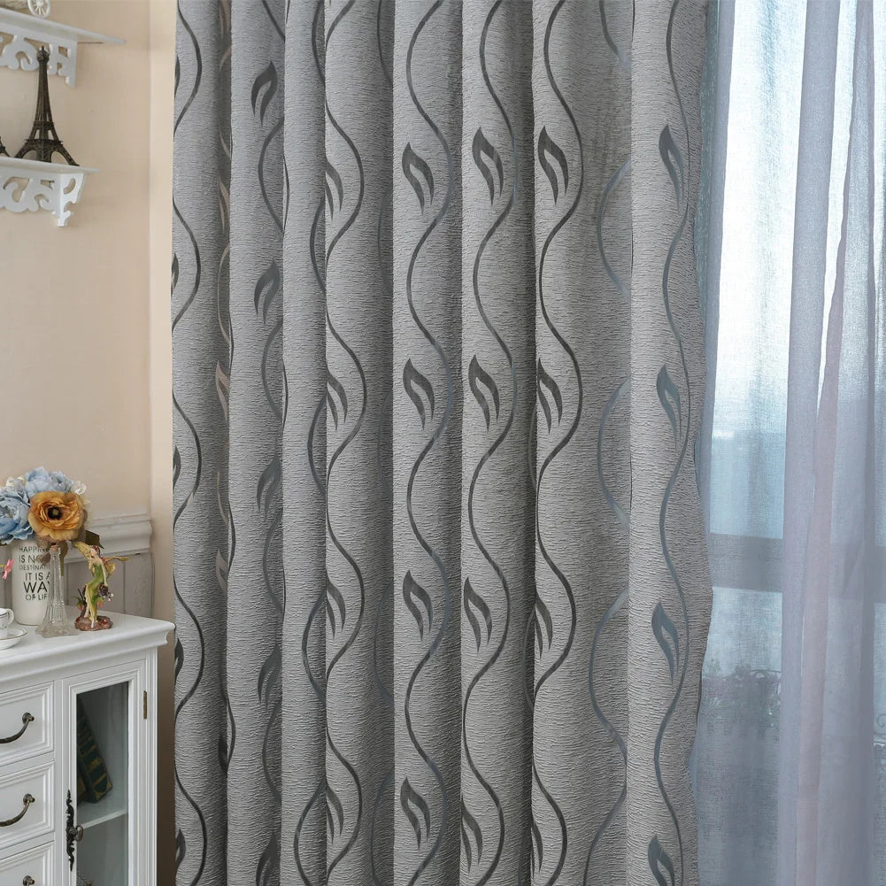 Rideau jacquard gris motif feuilles ajouré pour salon et chambre