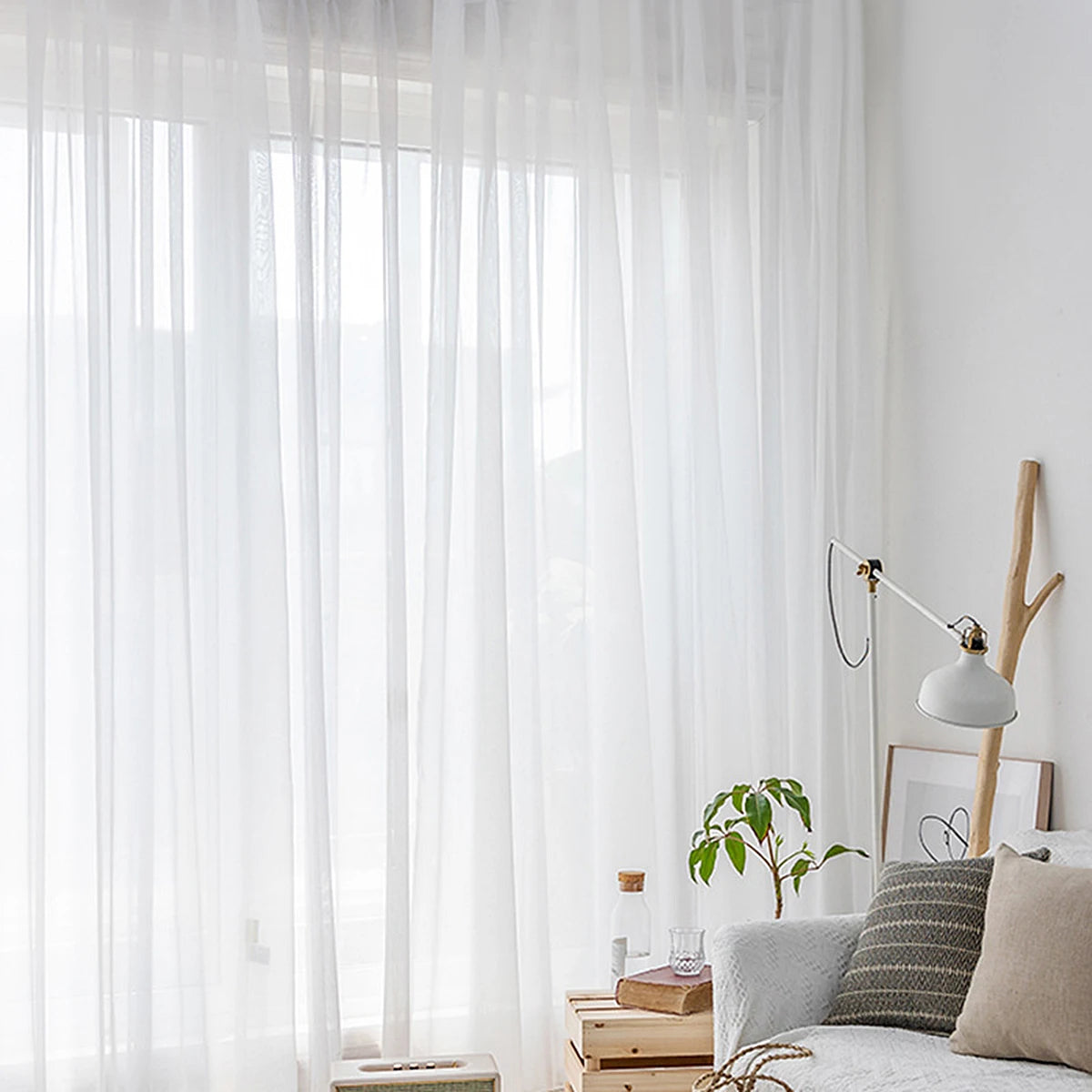 Rideau voilage blanc uni tamisant léger polyester pour salon et chambre