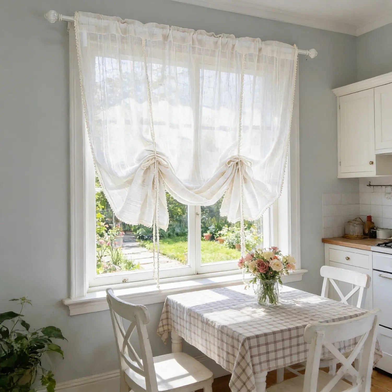 Rideau brise bise relevable beige rayé tamisant pour cuisine fenêtre (1 pièce)