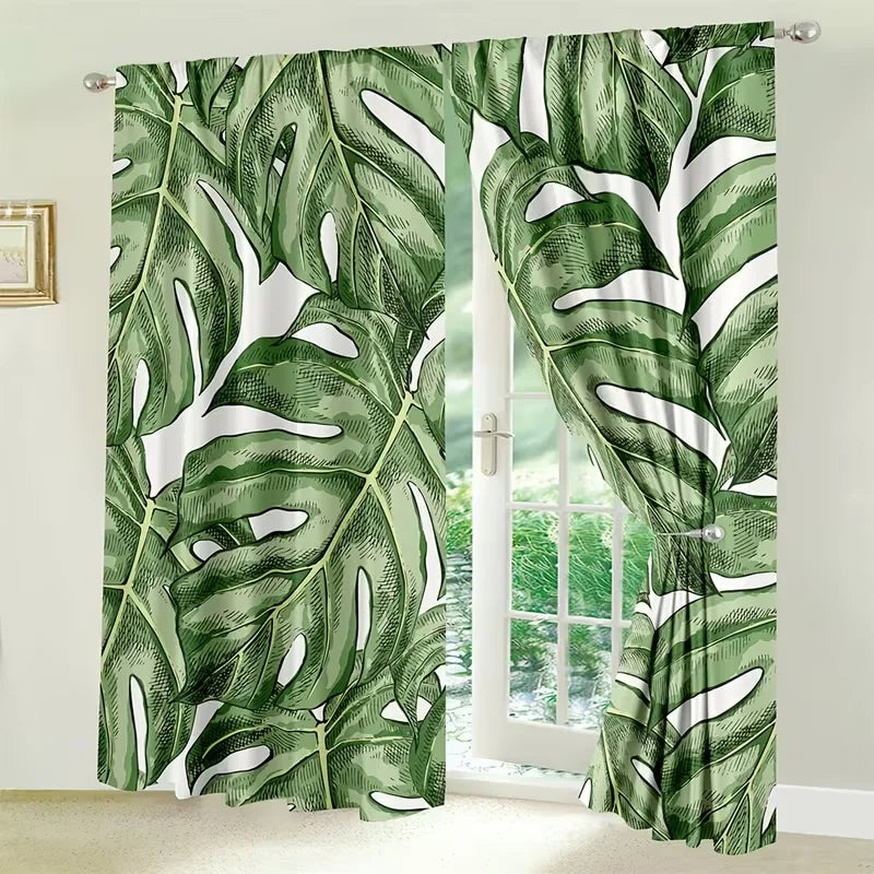Rideaux voilage vert jungle motif monstera tamisants (2 panneaux), largeur moins de 100 cm