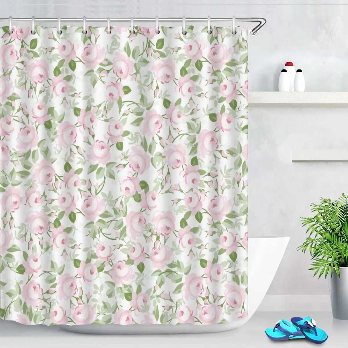 Rideau de douche en polyester imperméable motif tulipes roses
