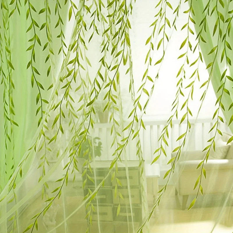 Rideaux voilage verts motif feuilles de saule en polyester (2 panneaux)