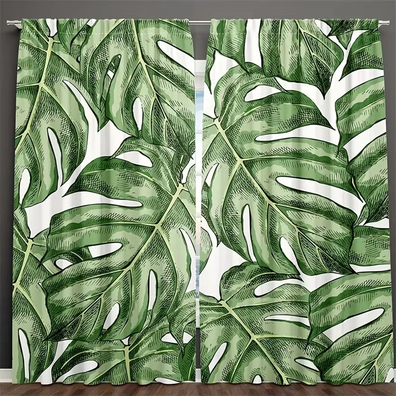 Rideaux voilage vert jungle motif monstera tamisants (2 panneaux), hauteur moins de 160 cm
