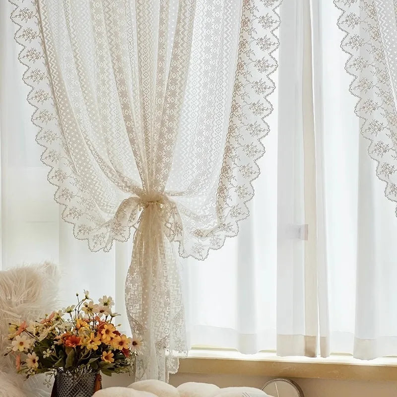Rideau voilage dentelle blanche brodée pour chambre et salon