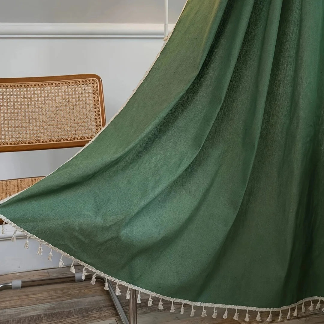 Rideau occultant vert bohème à pompons en polyester coton, largeur 140 à 199 cm