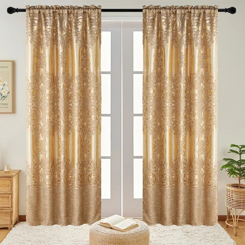 Rideau voilage brodé doré en tulle polyester style européen, pose à œillets