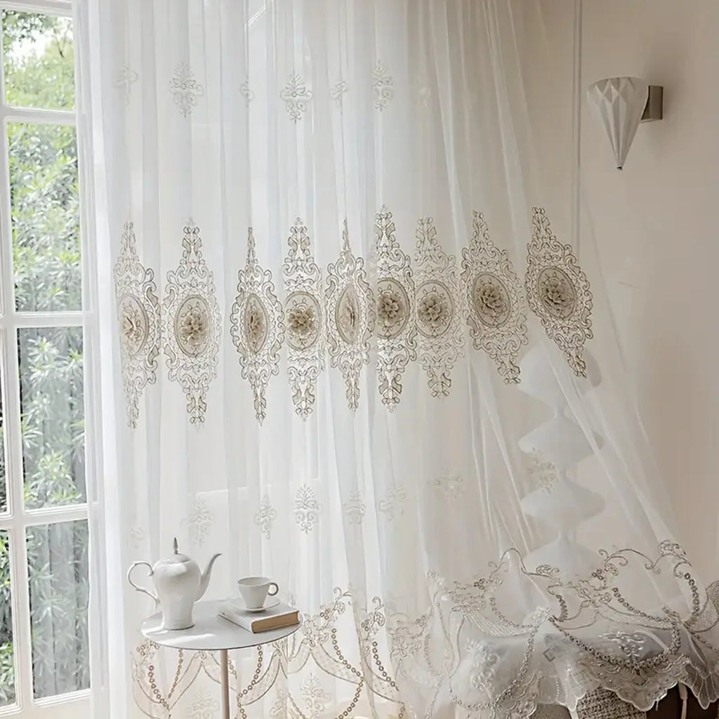 Rideau voilage brodé beige et blanc style européen en polyester, largeur 140 à 199 cm