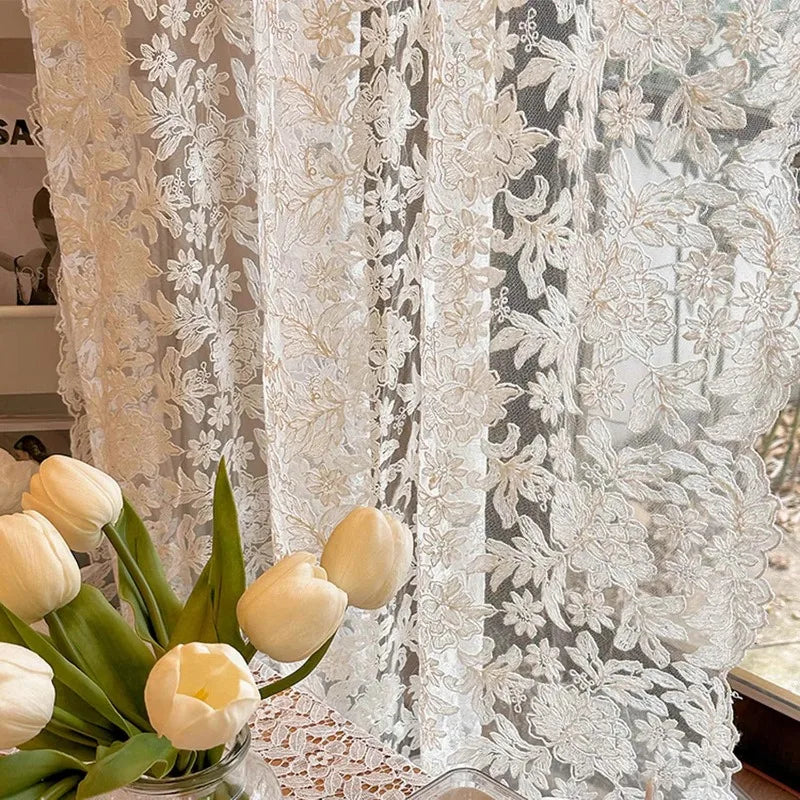 Rideau Voilage Dentelle Florale 3D Brodée, pose à galon fronceur