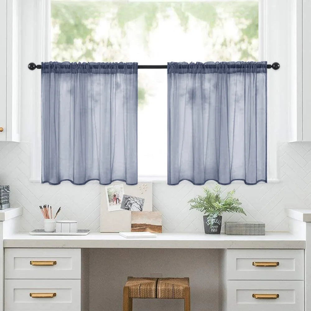 Petit rideau voilage court transparent uni pour cuisine et salle de bain (2 pièces)
