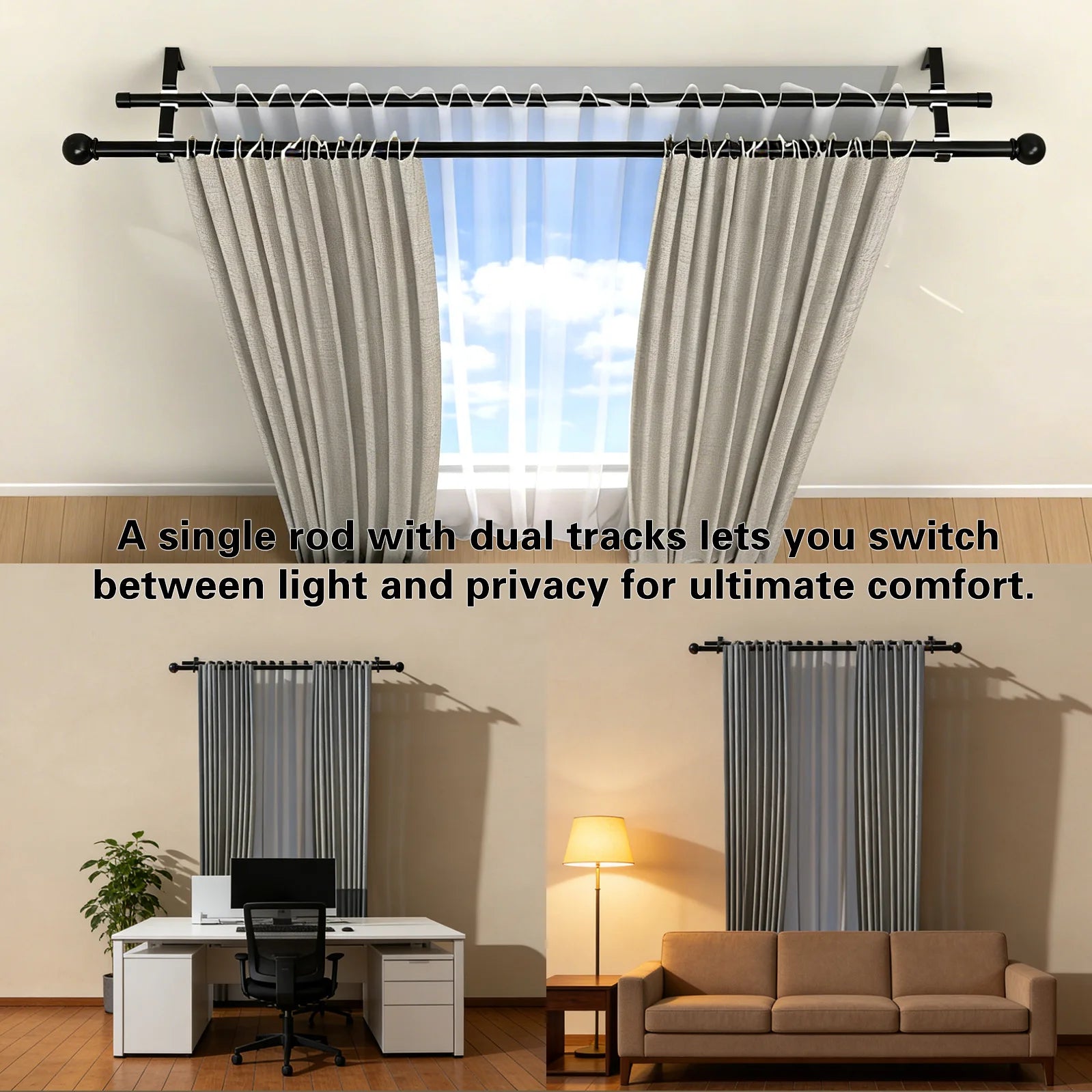 Tringle double rideau extensible noire en métal pour voilage et rideau occultant