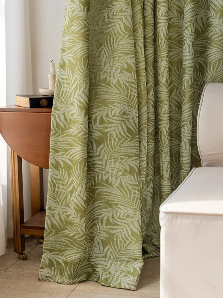 Rideau jacquard lin vert jungle motif feuillage tamisant (1 panneau), pose à galon fronceur
