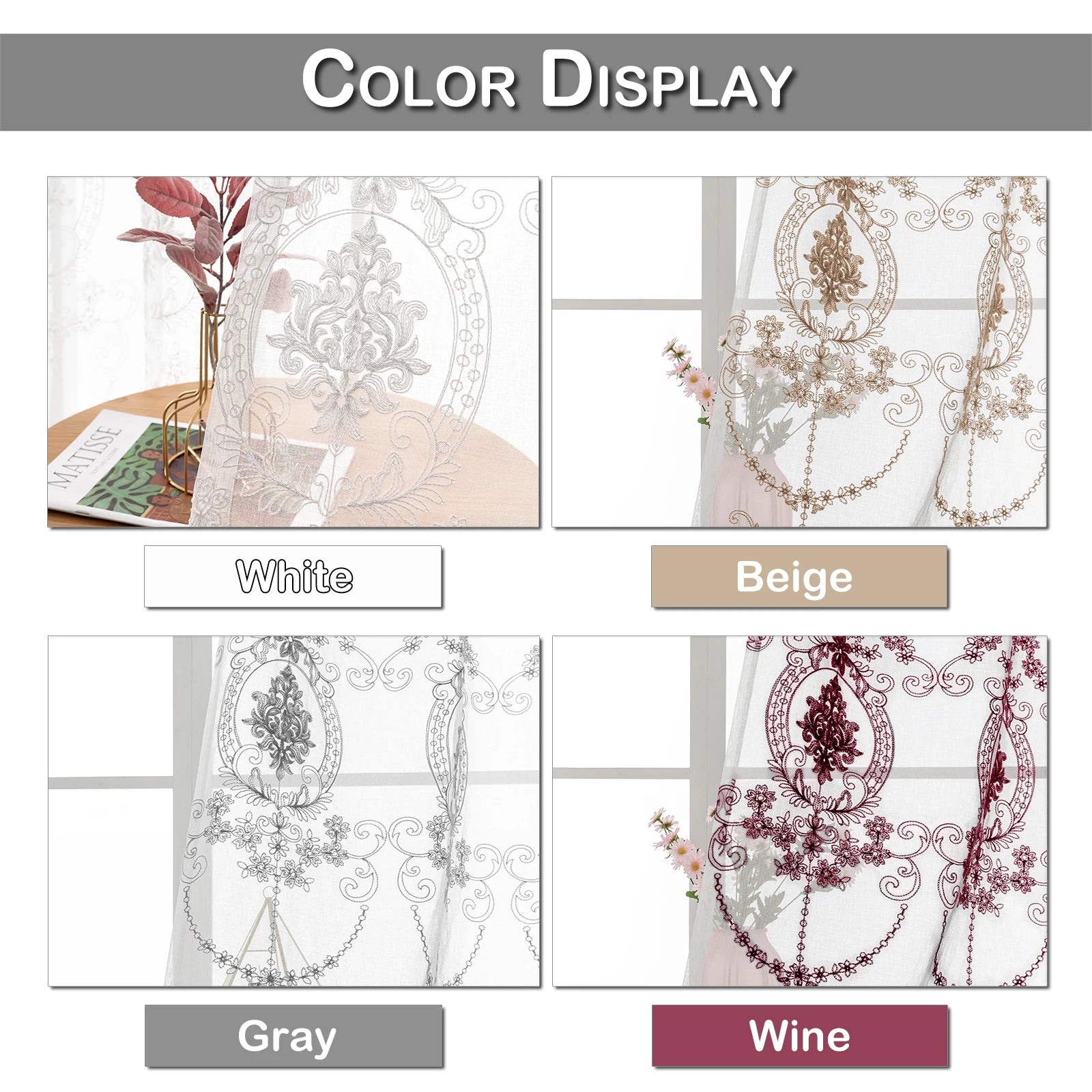 Rideaux voilages brodés à œillets – 2 panneaux légers pour salon et chambre