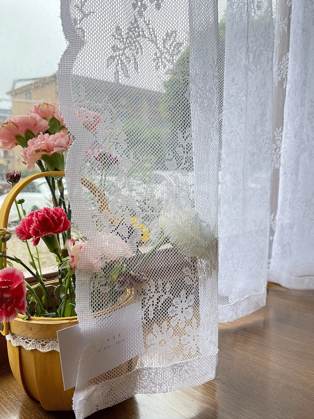 Voilage blanc à motifs floraux en dentelle polyester tamisant pour fen, hauteur moins de 160 cm