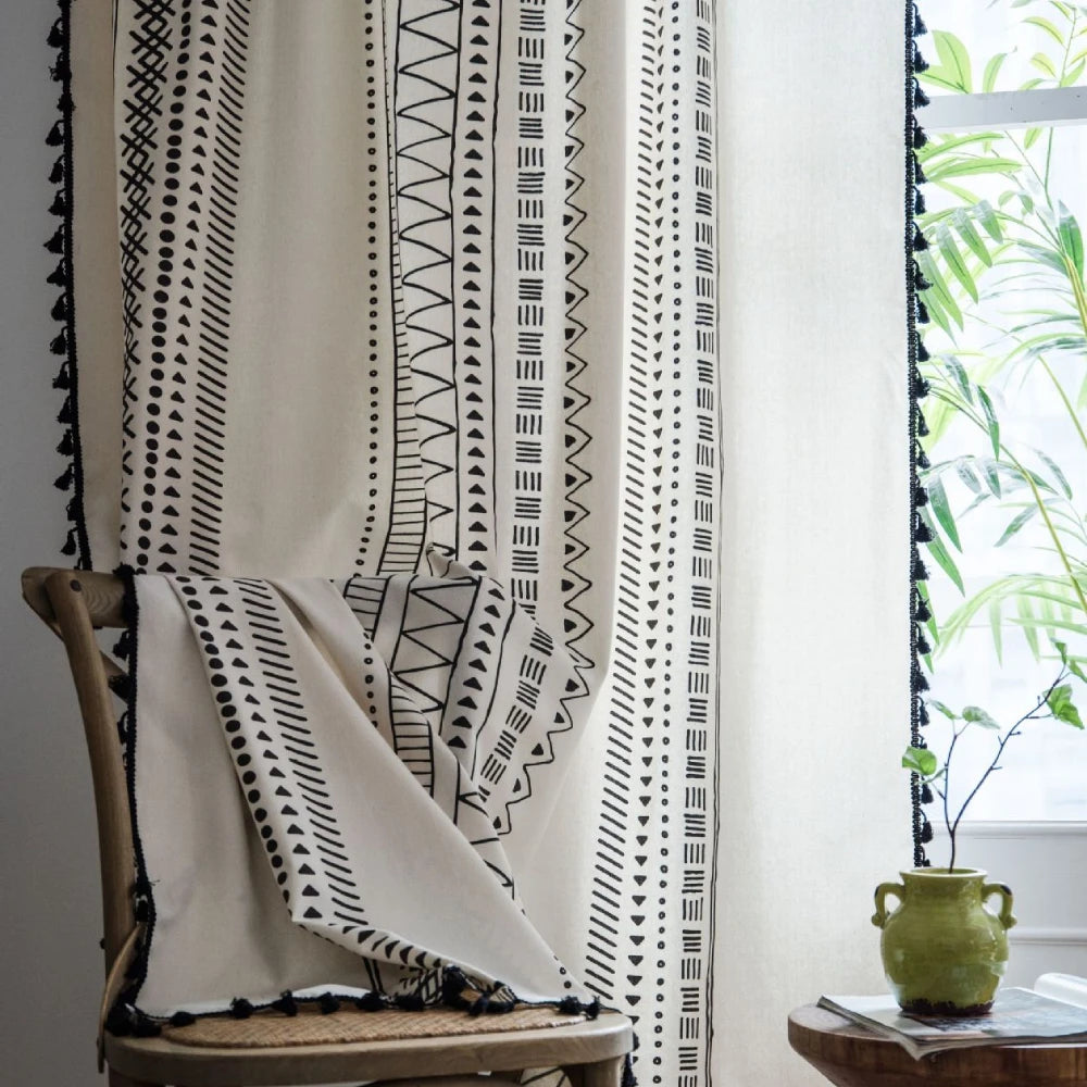 Rideau bohème géométrique en coton lin avec pompons décoratifs