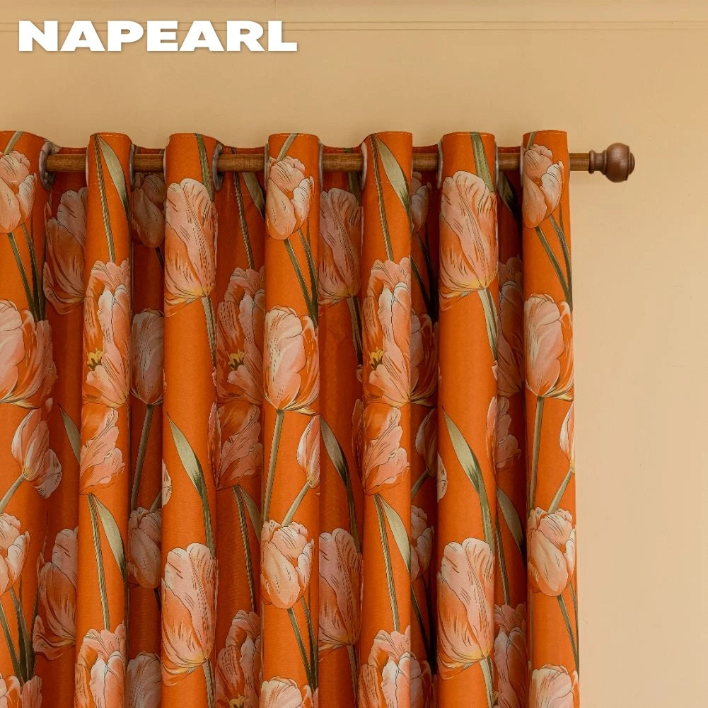 Rideau occultant orange à fleurs 100 % blackout pour salon et chambre