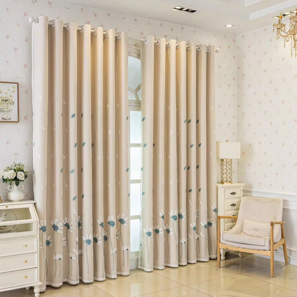 Rideau double épaisseur brodé beige en polyester pour salon et chambre