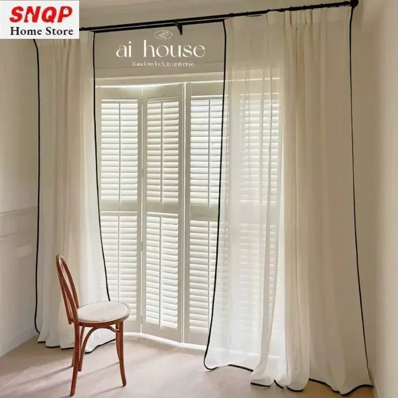 Rideau voilage beige en tulle bord noir pour salon et chambre