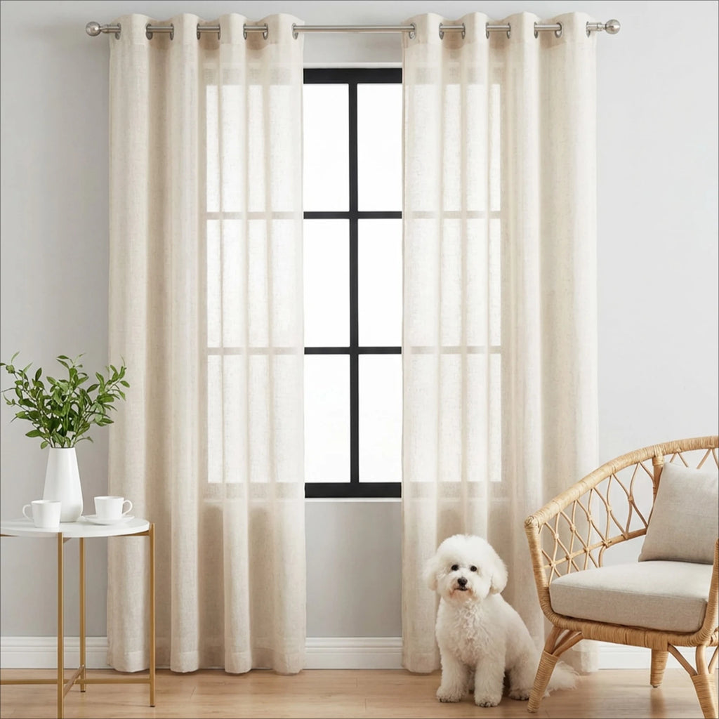 Rideaux voilage en lin beige tamisant à œillets, largeur 100 à 139 cm