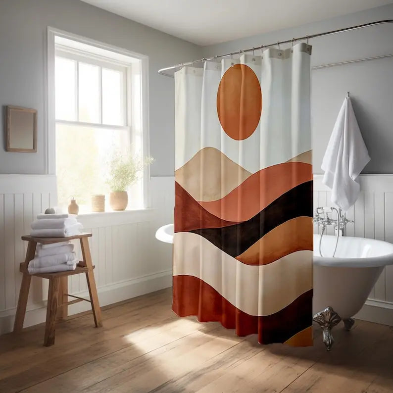 Rideau de douche terracotta motif désert ondulé en polyester imperméable