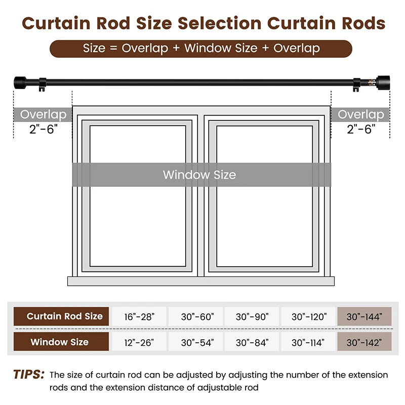 Tringle rideau extensible robuste en métal noir mat pour fenêtre et grande largeur