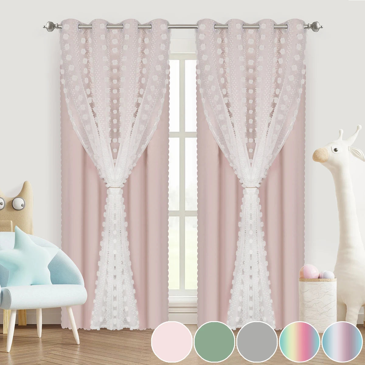 Rideau occultant double épaisseur avec voile pompons pour chambre enfant