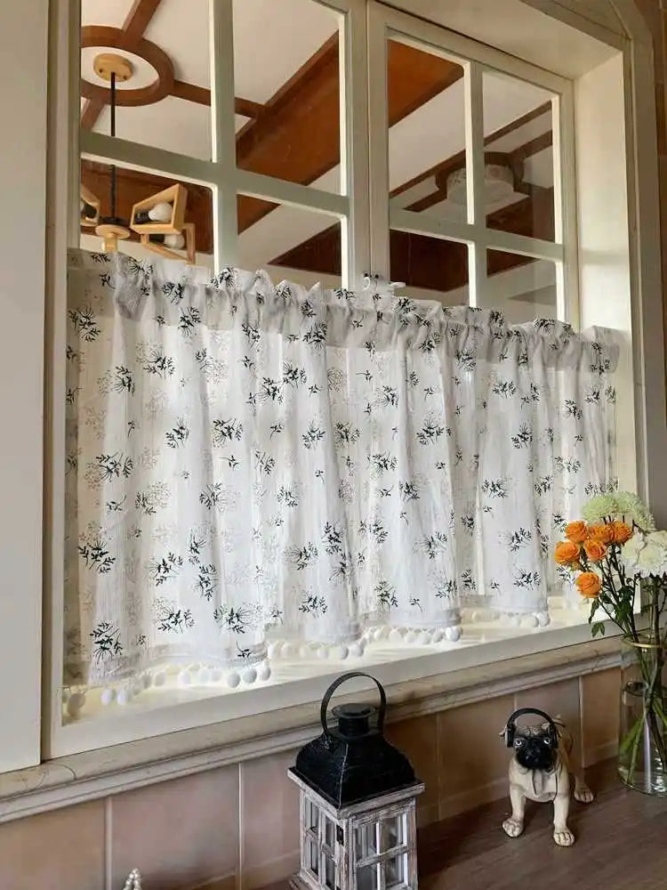 Rideau court en coton à motifs floraux avec pompons, hauteur 200 à 239 cm