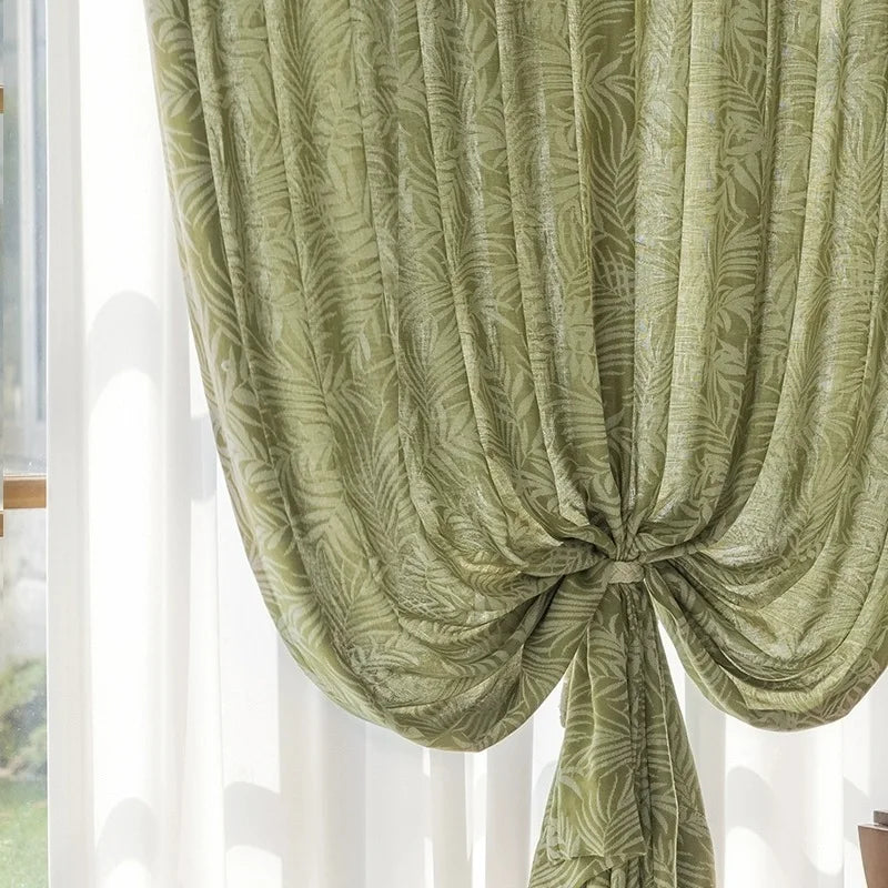 Rideau jacquard lin vert jungle motif feuillage tamisant (1 panneau), pose à œillets