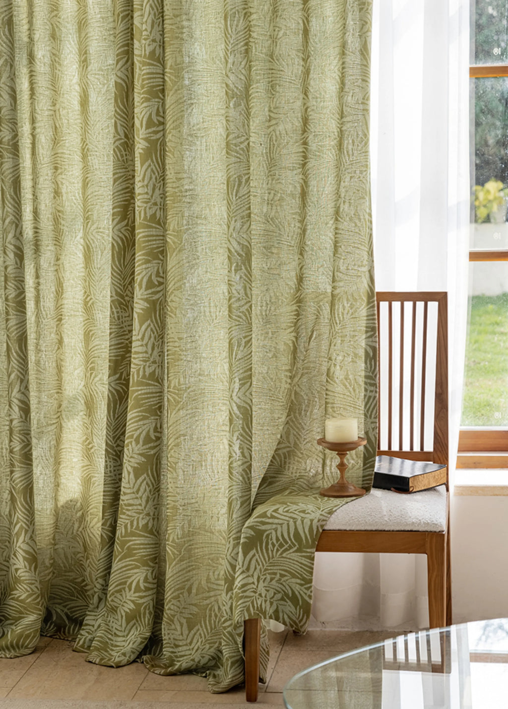 Rideau jacquard lin vert jungle motif feuillage tamisant (1 panneau), pose à crochets