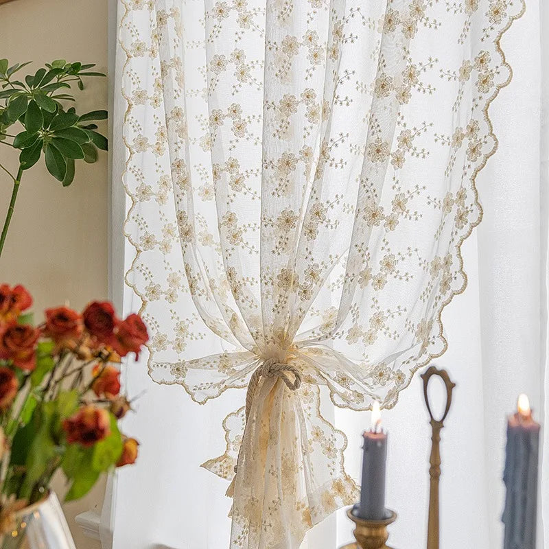 Rideau voilage dentelle beige brodé floral pour fenêtre