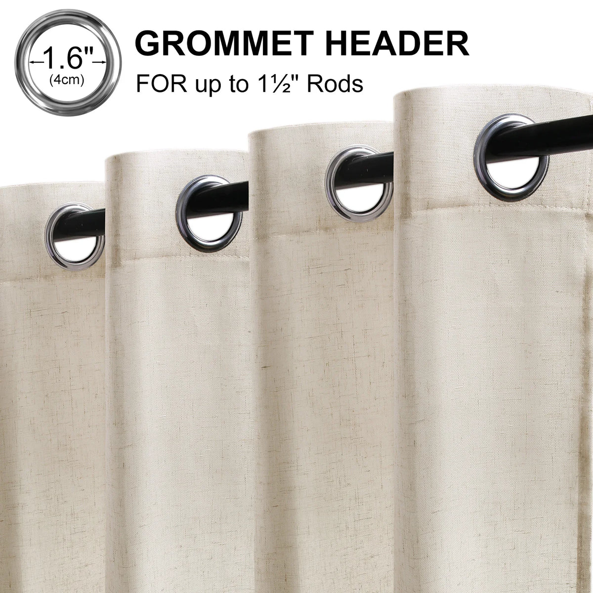 Rideaux voilage en lin beige tamisant à œillets, hauteur 160 à 199 cm