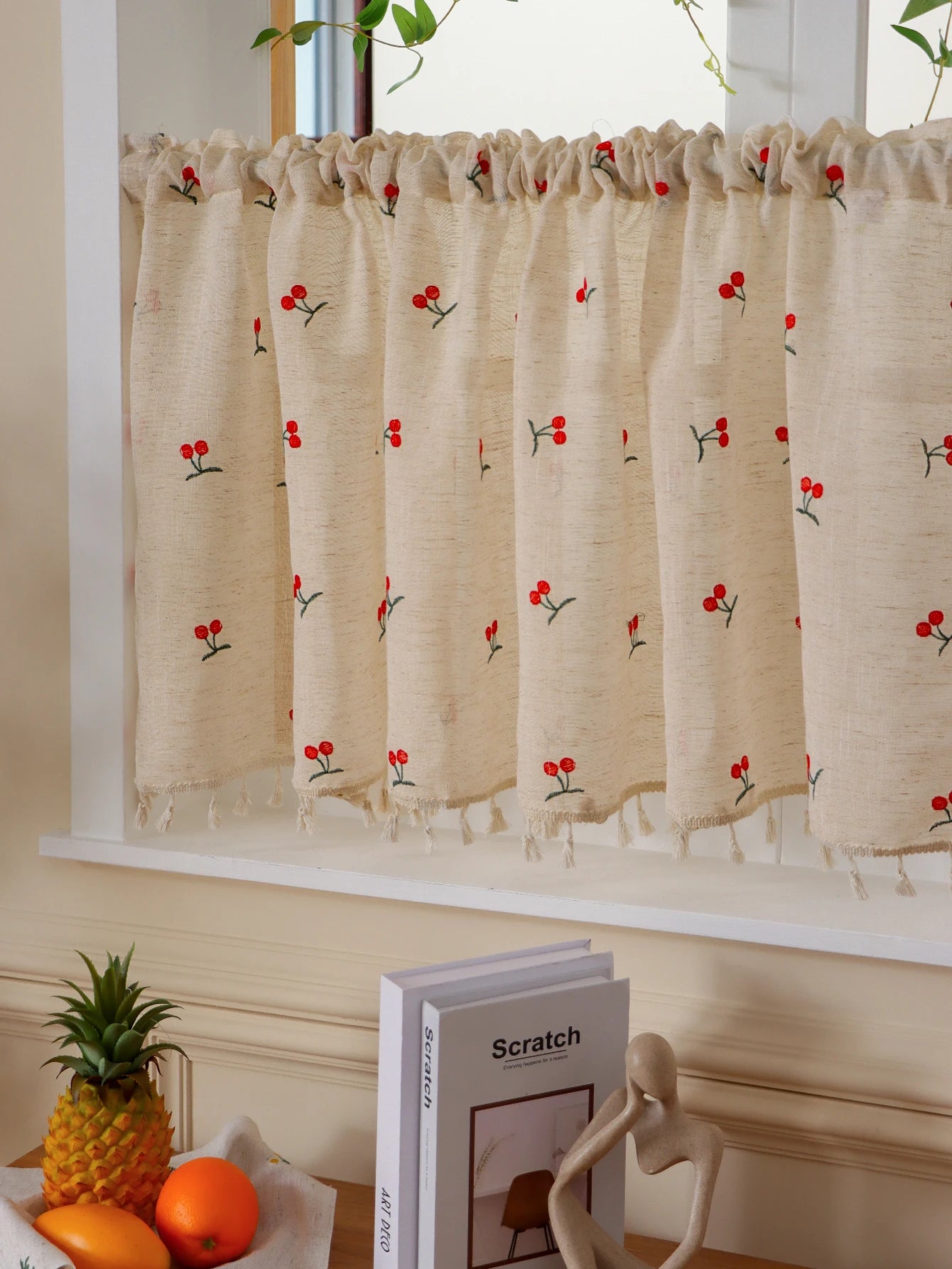 Rideau en Lin Brodé Motif Cerise – Petit Voilage Jaune pour Cuisine et Chambre