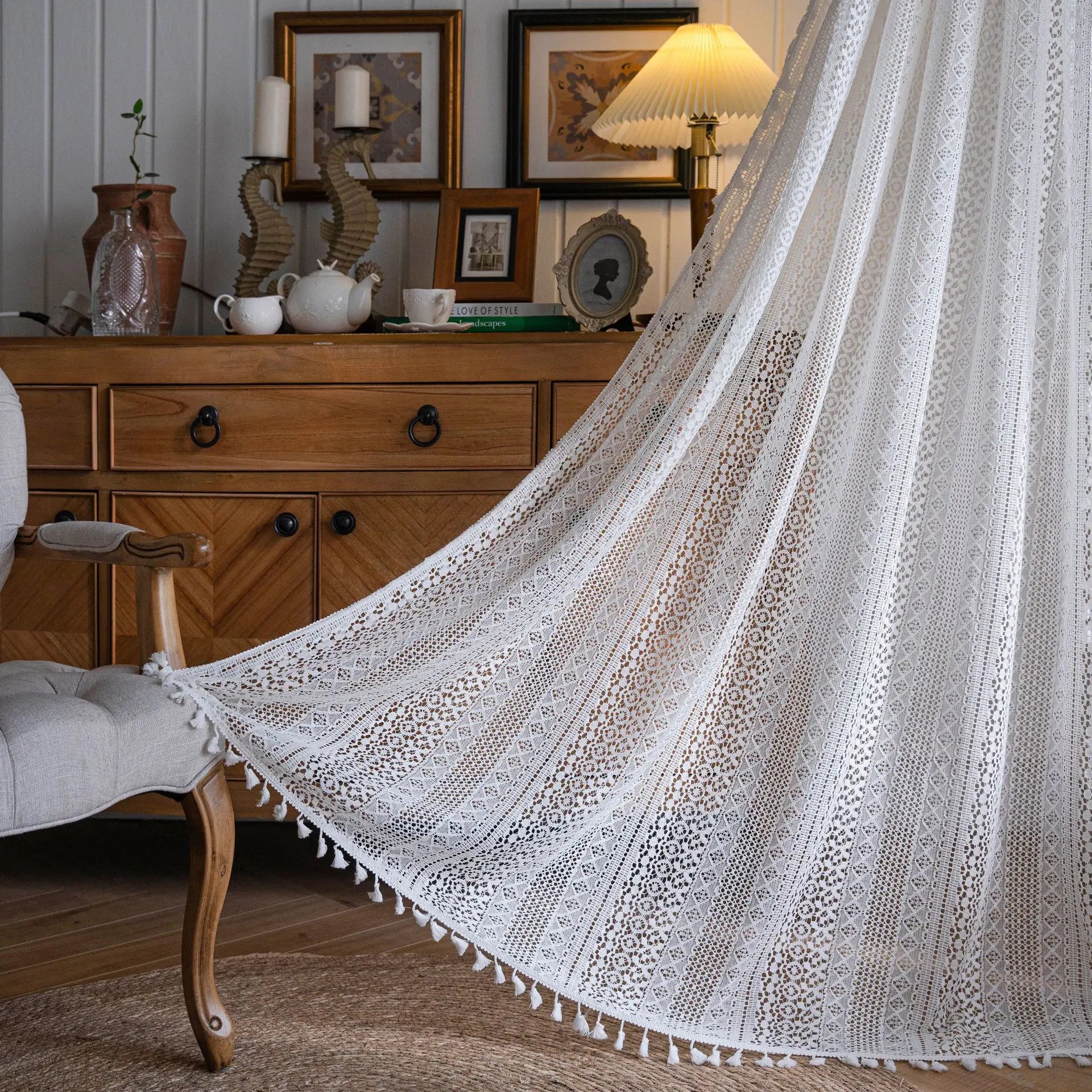 Rideau voilage bohème en coton macramé ajouré avec pompons