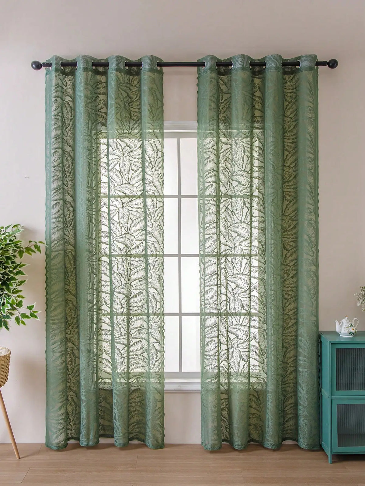 Rideau voilage vert à grandes feuilles en polyester style rustique, largeur 140 à 199 cm