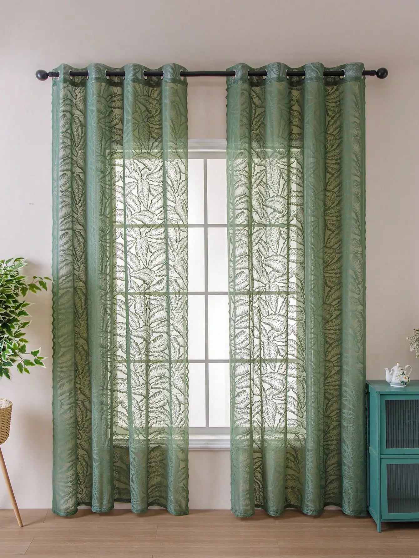 Rideau voilage vert à grandes feuilles en polyester style rustique