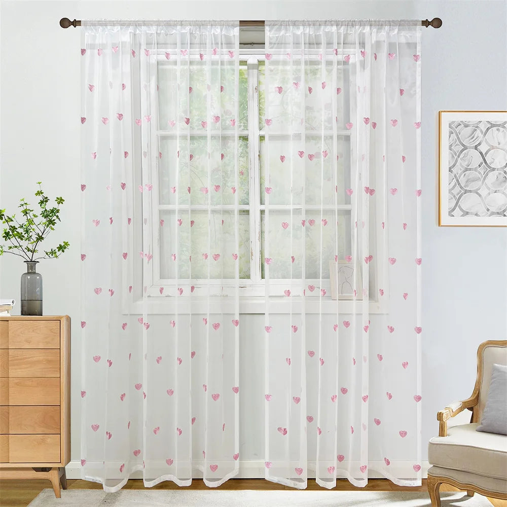 Rideau voilage blanc en mesh brodé cœurs, largeur 100 à 139 cm