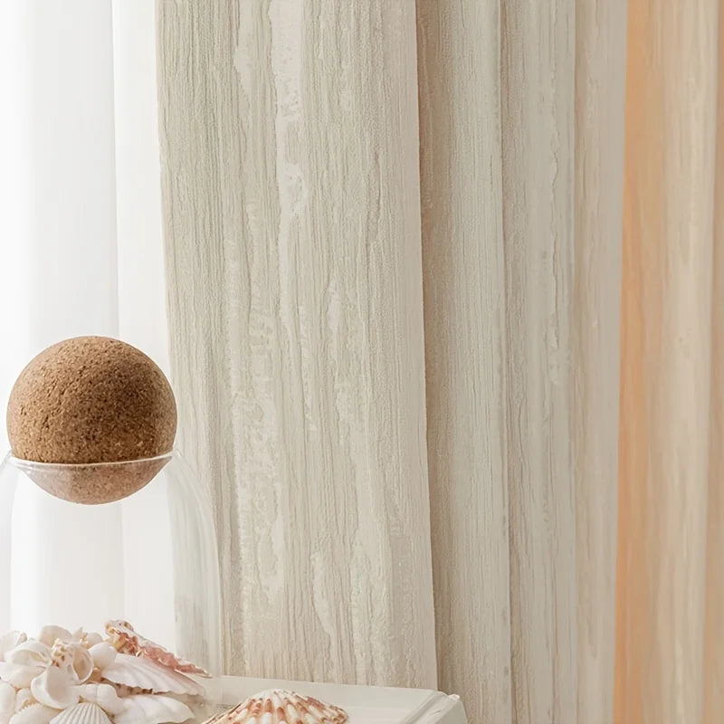 Rideau tamisant chenille beige crème jacquard effet bois, largeur 100 à 139 cm